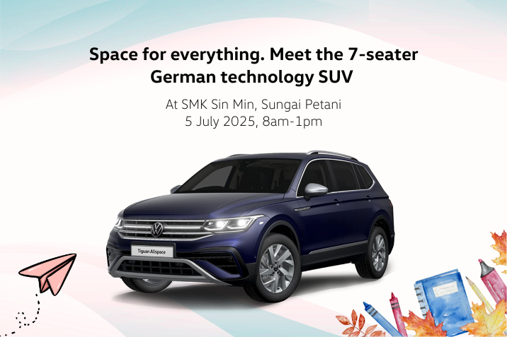 Space for everything – and everyone! Join us at SMK Sin Min, Sungai Petani this 5 July 2025 (8am–1pm) and experience the 7-seater Volkswagen Tiguan Allspace – a perfect blend of versatility and German engineering.  📍 Come explore comfort, technology & style, all in one SUV.